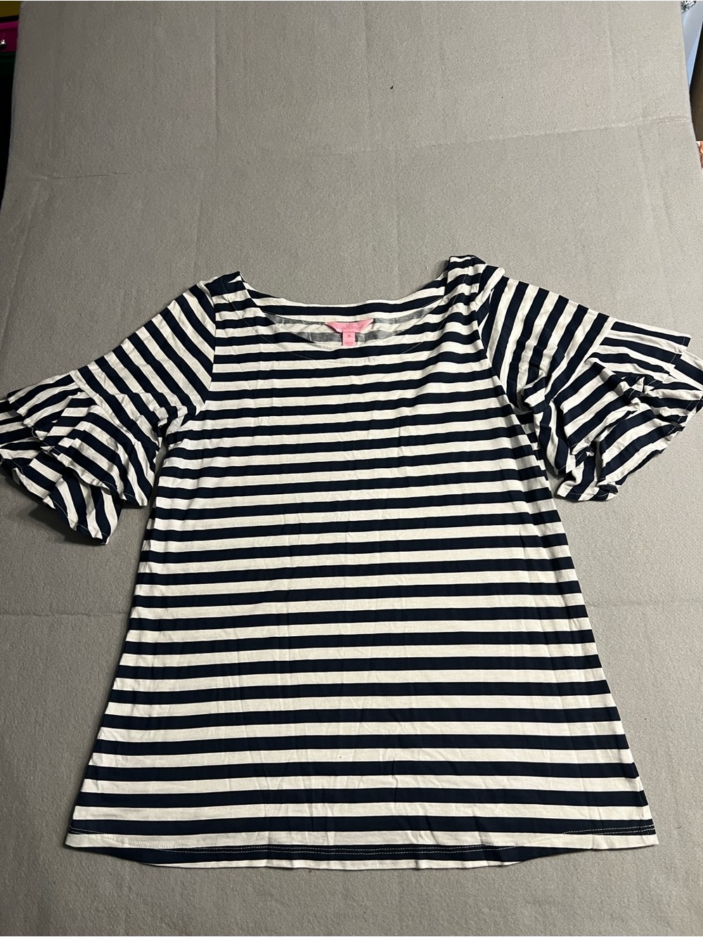Lilly Pulitzer Top Navy/White Striped Scoop Neck Ruffle Short Sleeve M